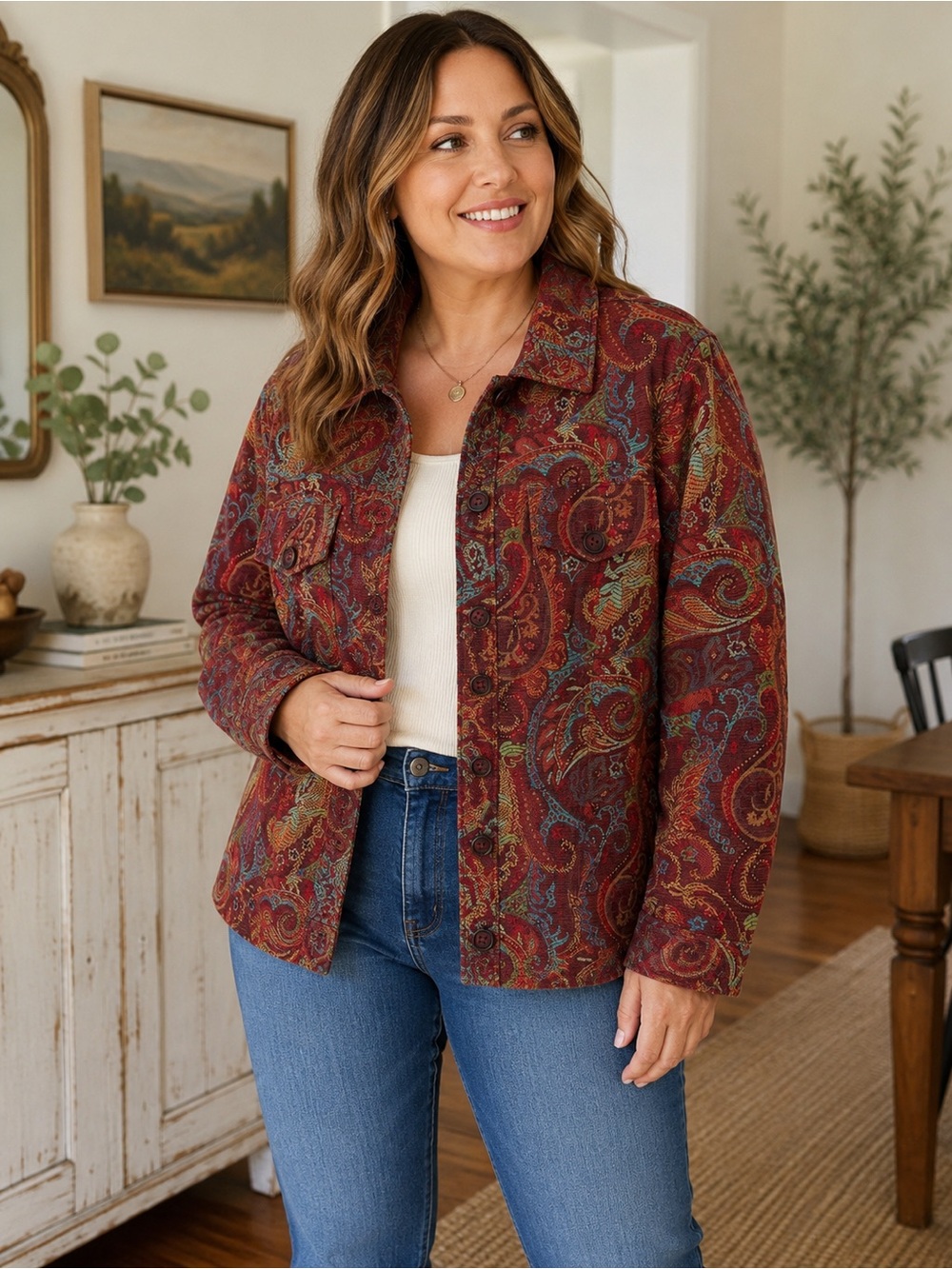 Coldwater Creek Paisley Tapestry Jacket Women’s 2X Burgundy Button Front Shacket